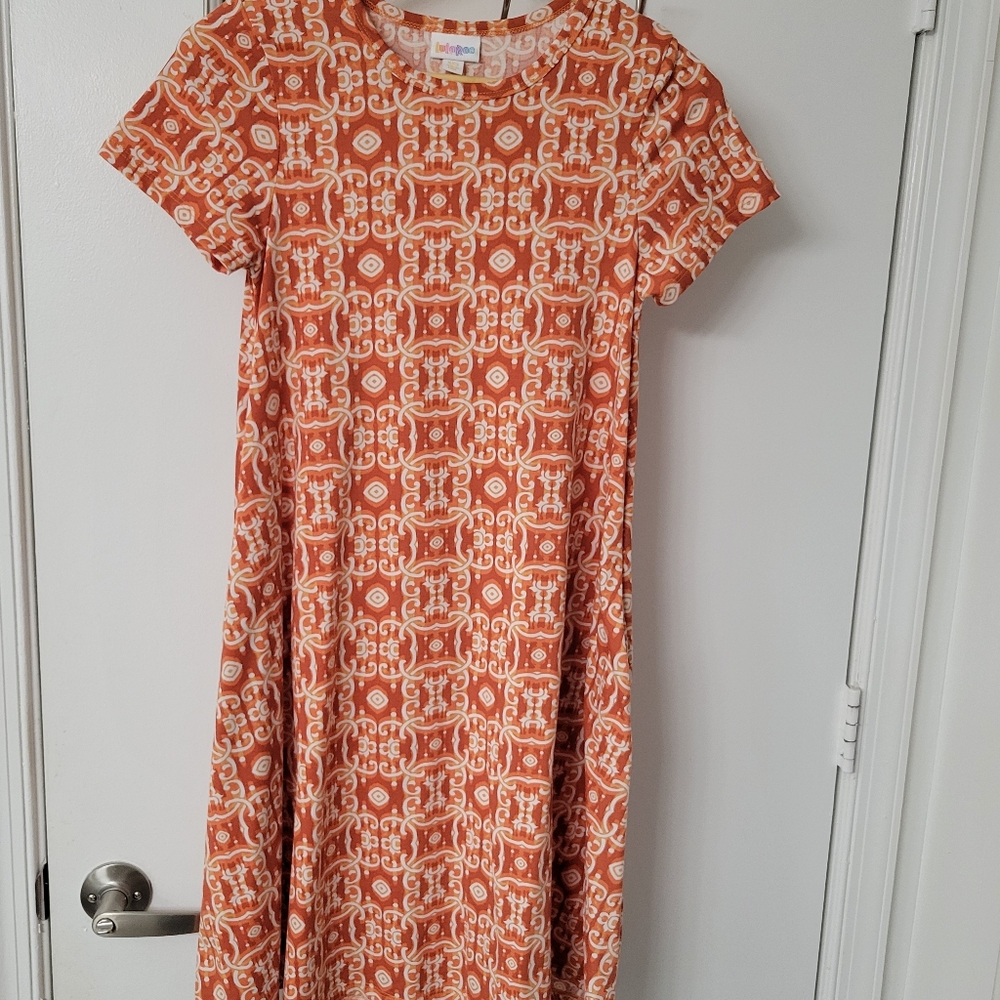 Lularoe Orange Geometric Print Soft Knit Dress with Pockets Size XXS